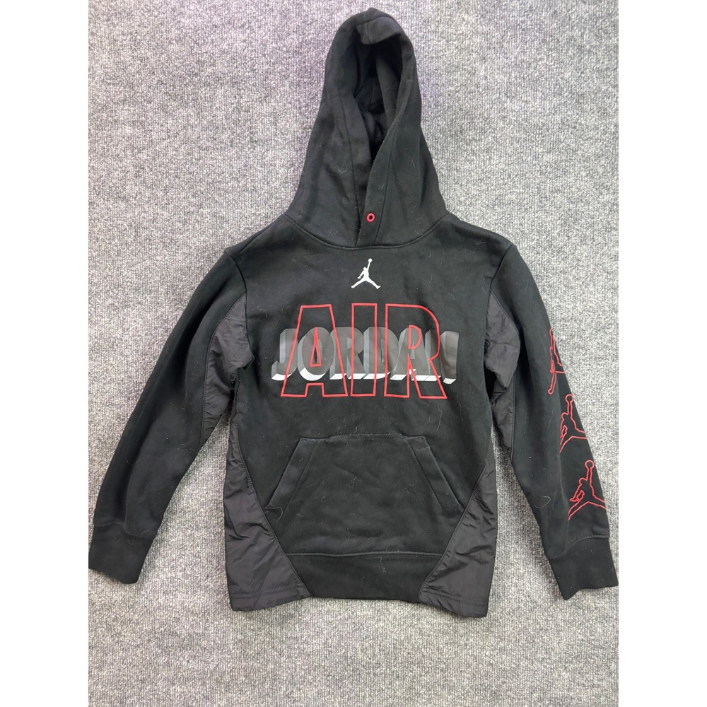Jordan Hoodie Kids Medium Black Red Air Jumpman‎ Logo Fleece Pullover Sweatshirt
